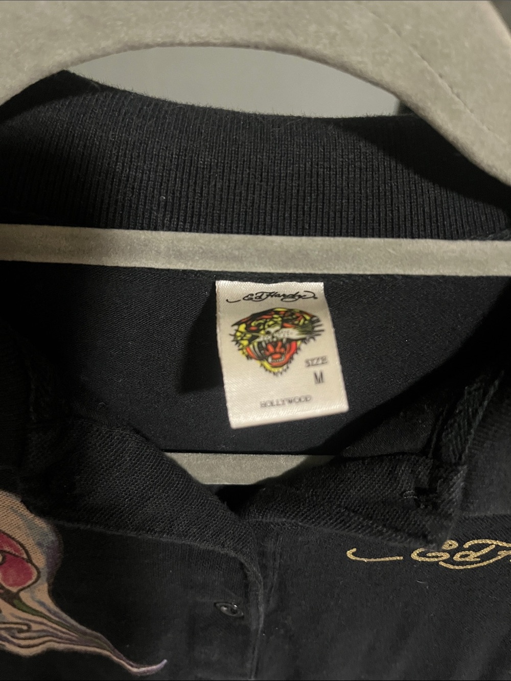 Vintage Ed Hardy Black Long-Sleeve Polo with Fairy Rhinestones - Picture 4 of 5